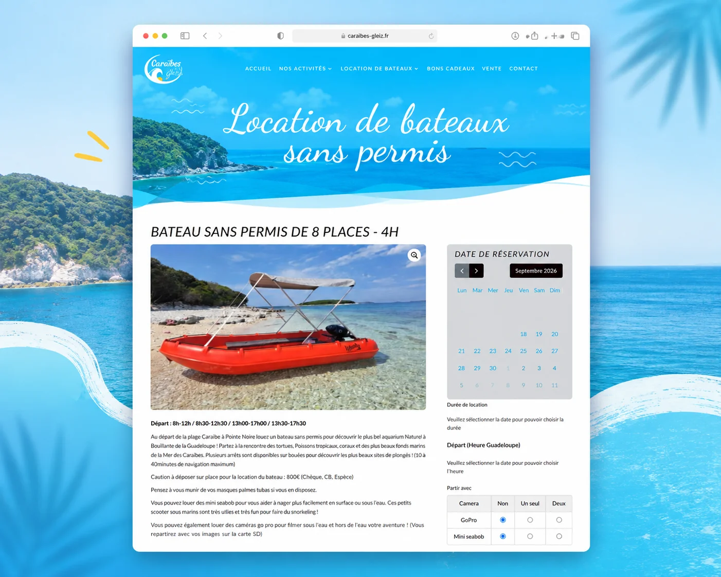 Page de réservation d’un bateau sans permis avec calendrier de disponibilités