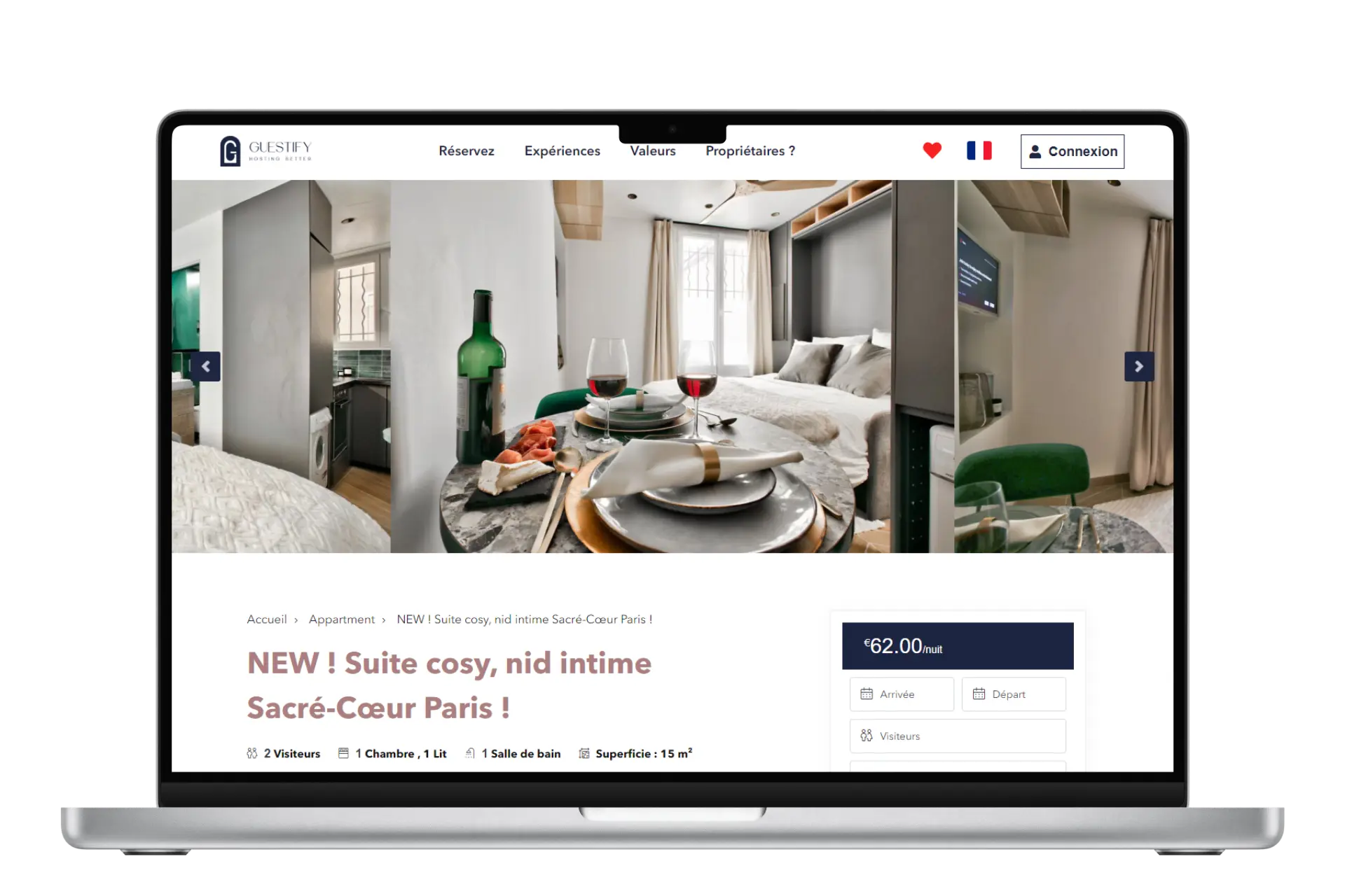 Fiche d’un appartement sur Guestify avec photos et formulaire de réservation