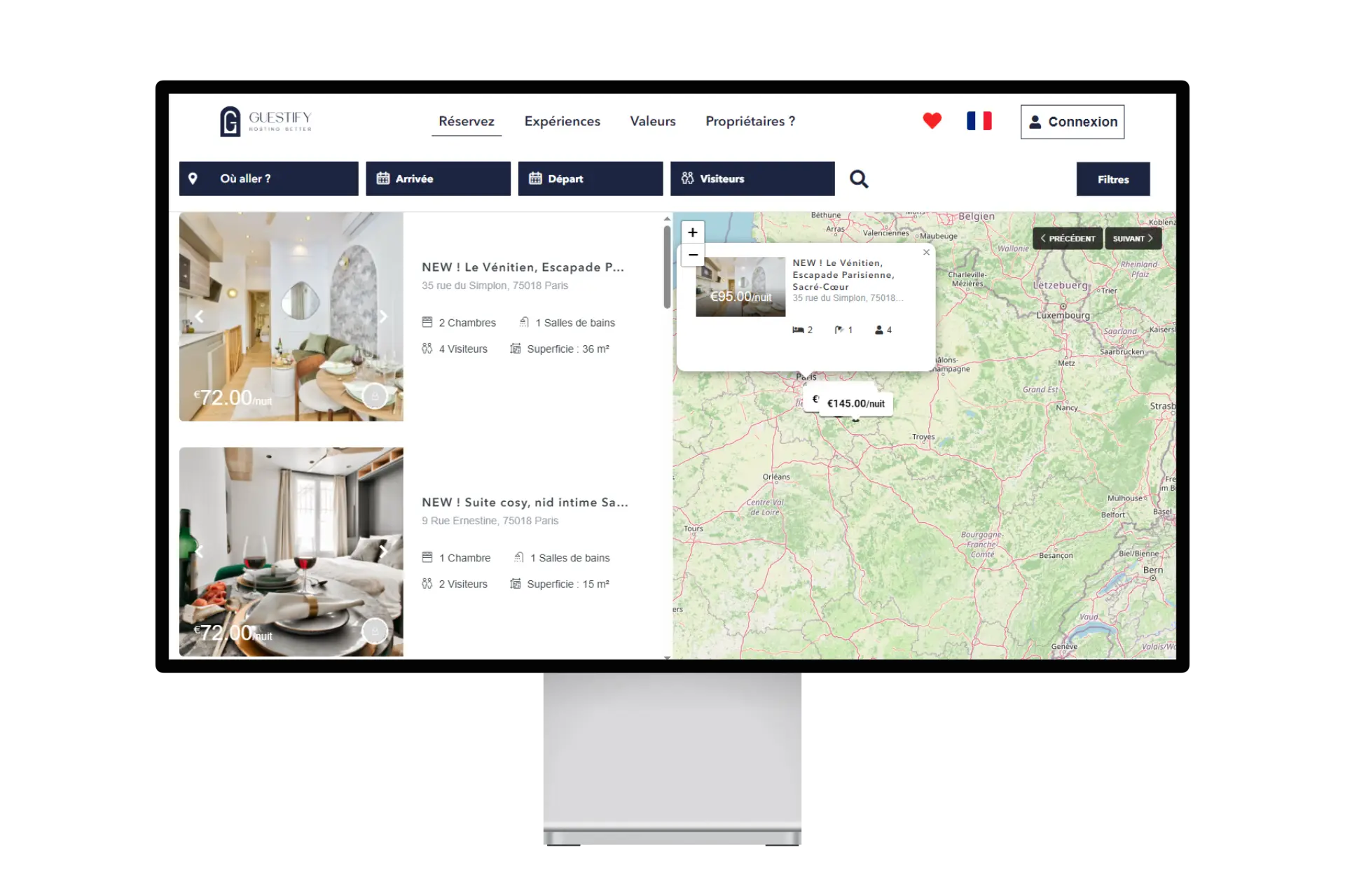 Résultats de recherche de logements sur Guestify avec liste et carte interactive