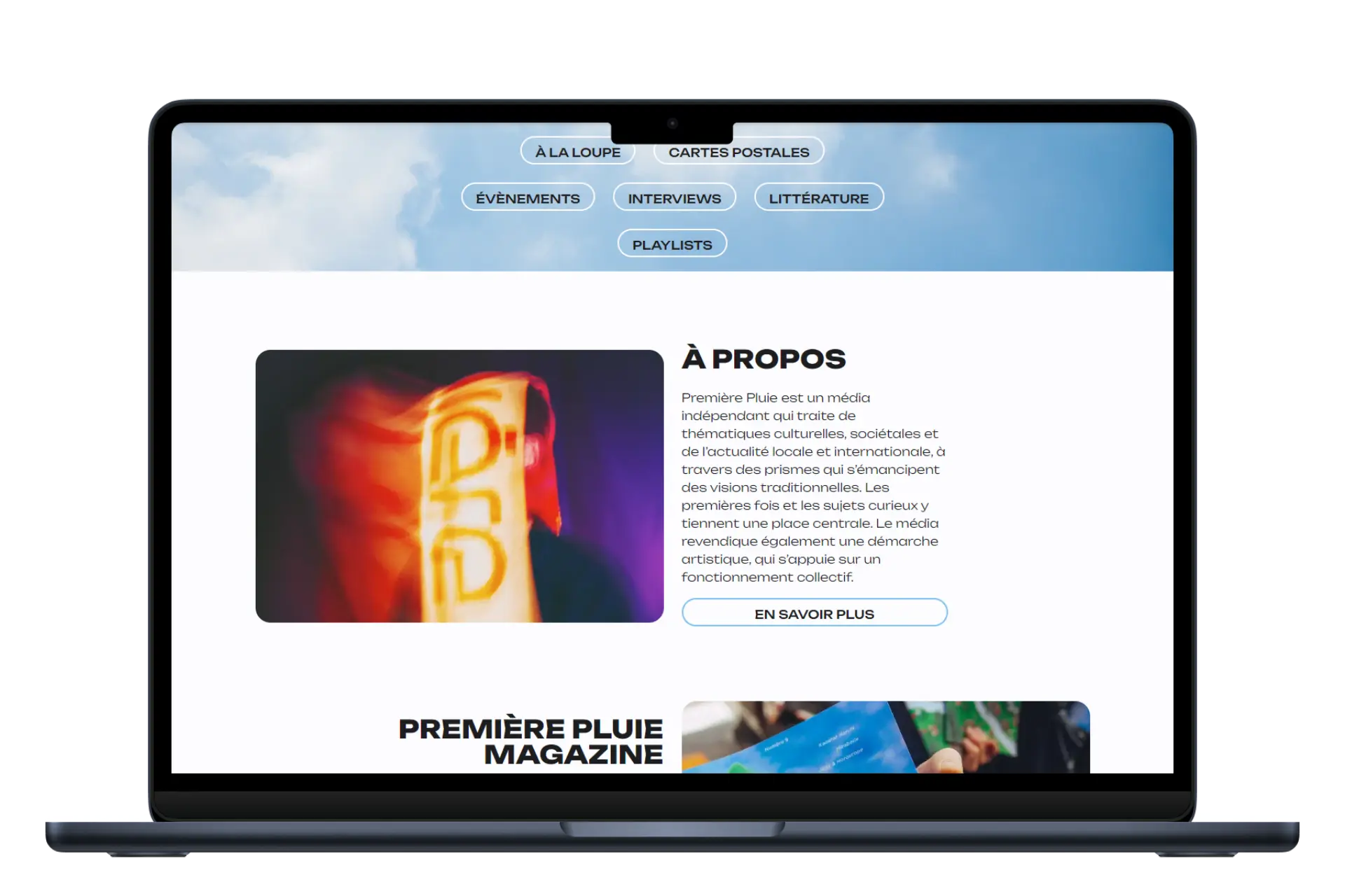 Page À propos du site Première Pluie affichée sur un ordinateur portable
