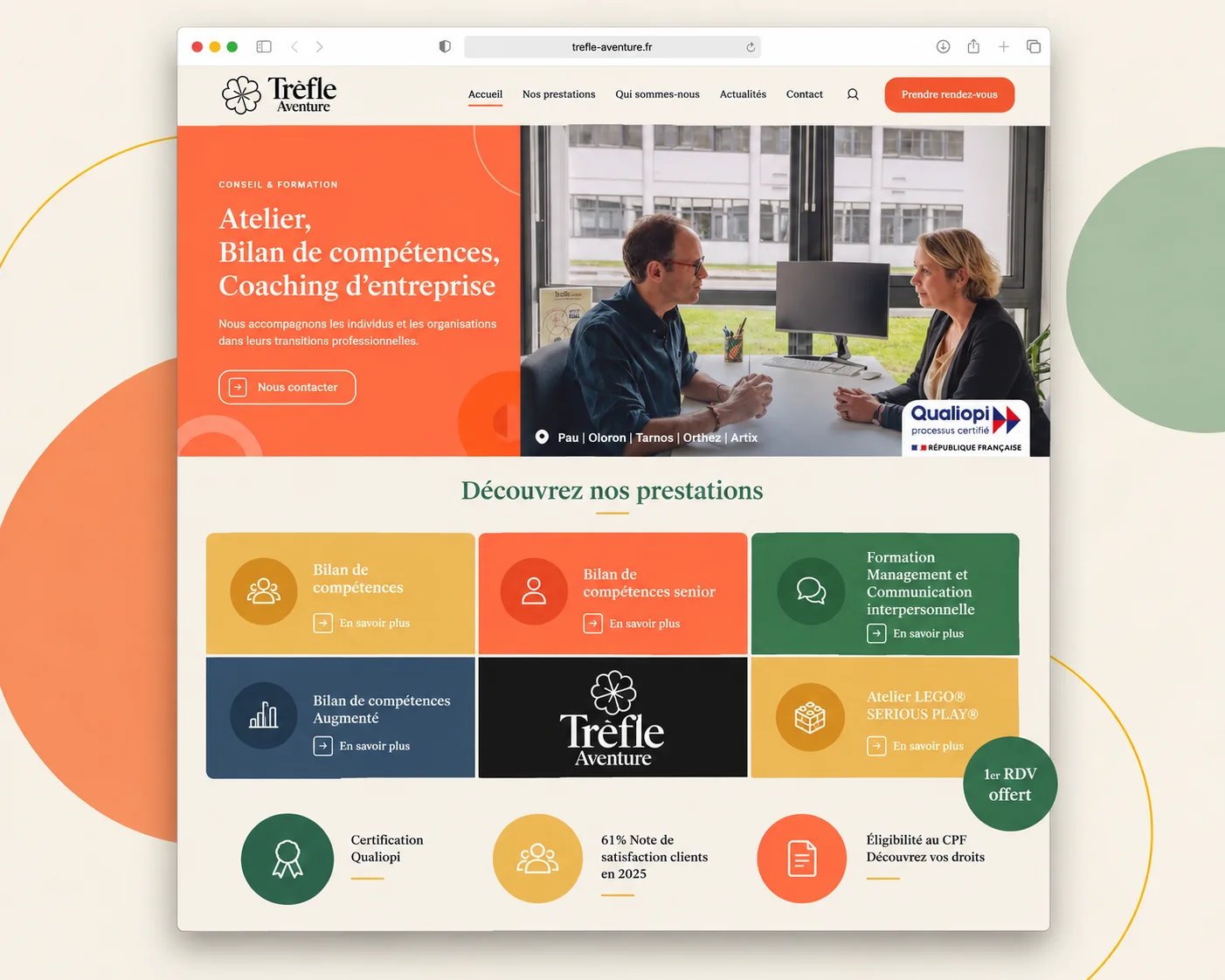 Aperçu du site Trèfle Aventure présentant ses prestations de coaching et de bilan de compétences